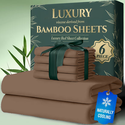 Bamboo Cooling Bed Sheets 6 Piece Set - 17 Inch Deep Pocket Fitted Sheet for Hot Sleepers, Cloud-Soft Luxury Flat Sheet & Pillowcases, Twin Full Queen King, Breathable Hypoallergenic Bedroom Bedding