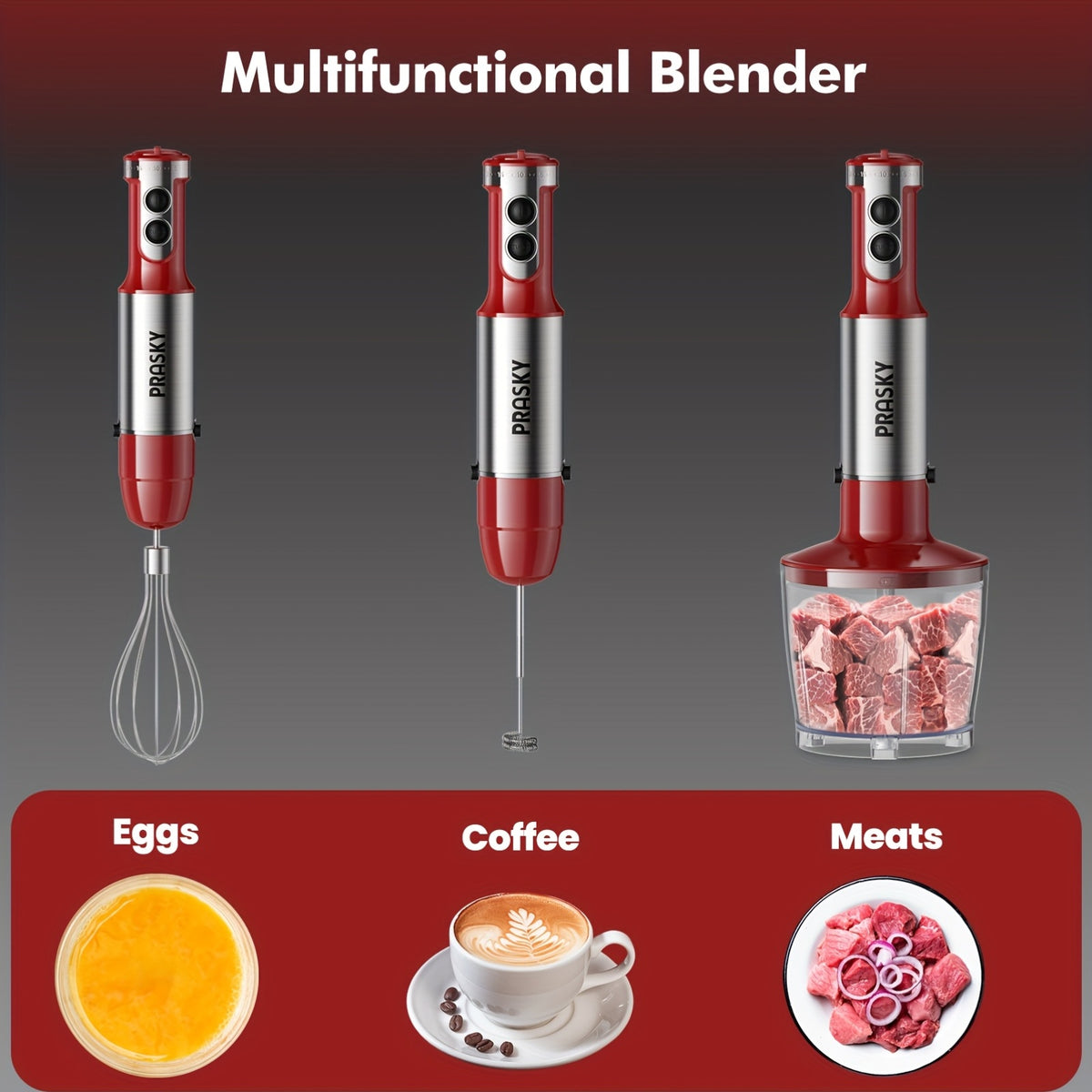 5-in-1 Handheld Immersion Blender Mixer Heavy Duty – Electric Hand Mixer with Whisk Meat Chopper Measuring Cups Attachments for Kitchen Cooking Baking Blending Soups Smoothies Black Red