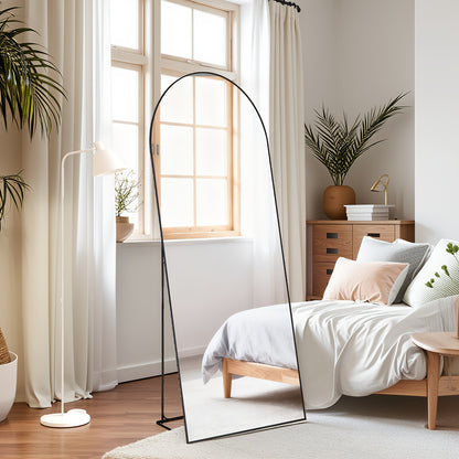 Full Length Mirror Floor Standing – Arched, Angle & Rectangle Full Body Mirror with Thin Steel Frame, Freestanding Leaning or Wall Hanging for Bedroom Bathroom Hotel, Black or Gold