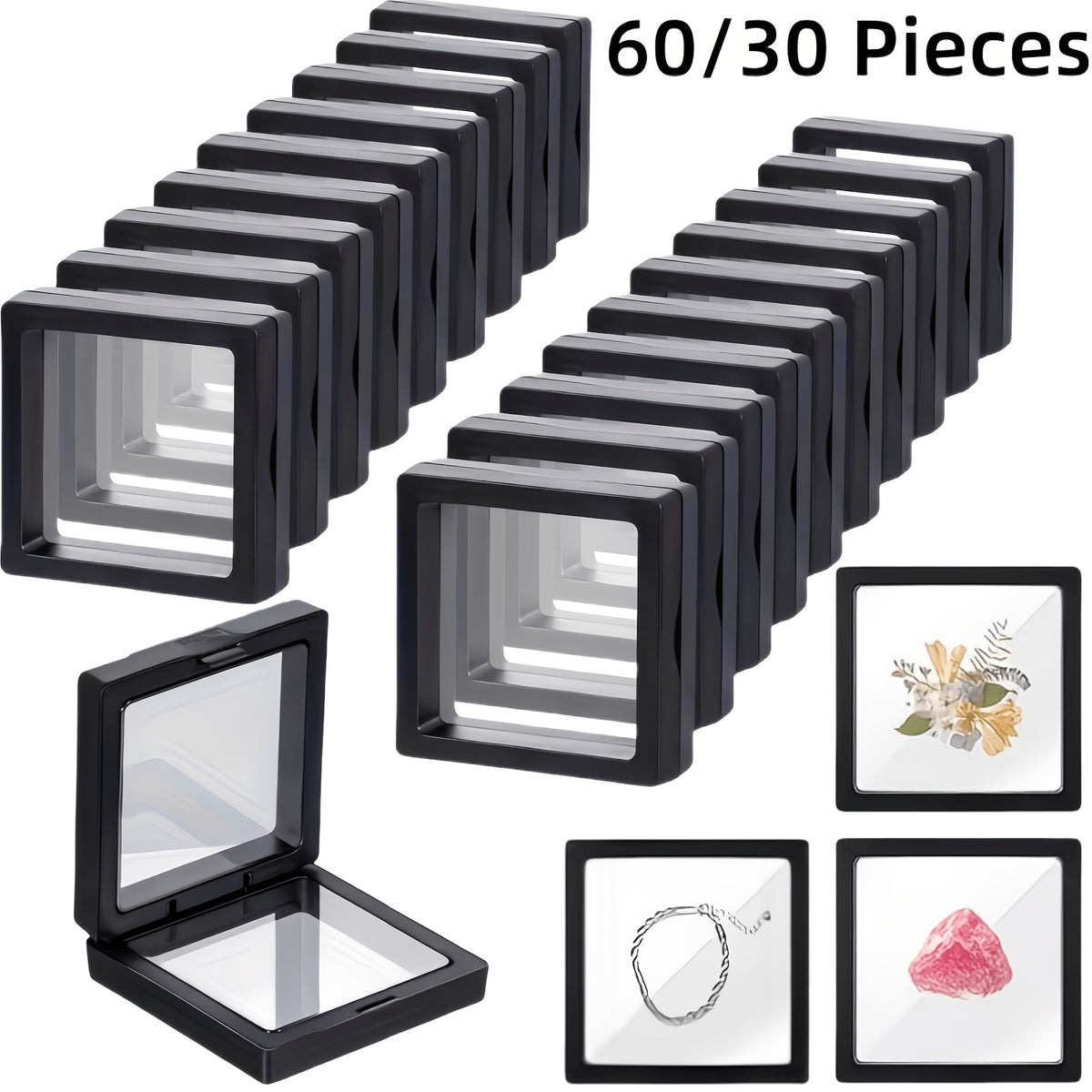 3D Floating Jewelry Display Boxes Bulk – Black Plastic Frame, Clear Panels, Fabric-Lined Interior, Secure Clasp, 30/60 Pack for Jewelry Making, Coin Collectors, Gifts & Home Organizer