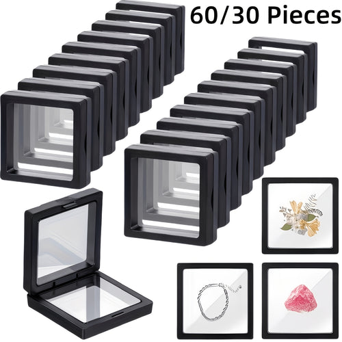 3D Floating Jewelry Display Boxes Bulk – Black Plastic Frame, Clear Panels, Fabric-Lined Interior, Secure Clasp, 30/60 Pack for Jewelry Making, Coin Collectors, Gifts & Home Organizer