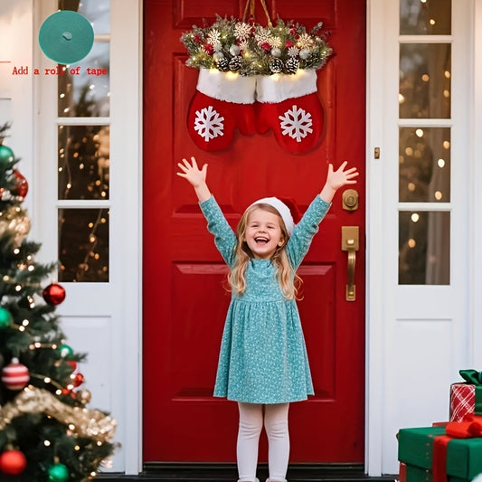Christmas Wreath with 20 LED Lights & Glove Design - Lighted Front Door Wreath with Artificial Pine Branches, Red Berries & Frosted Pine Cones, Indoor Outdoor Holiday Decor, Christmas Tree Wall Decoration