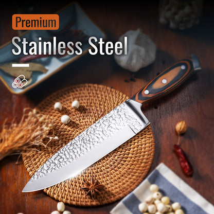 Knife Block Set with Self Sharpener 15pcs Hammered Stainless Steel Chef Knife Set with Wooden Block Steak Knives Self Sharpening Kitchen Knives Gift for Men Family