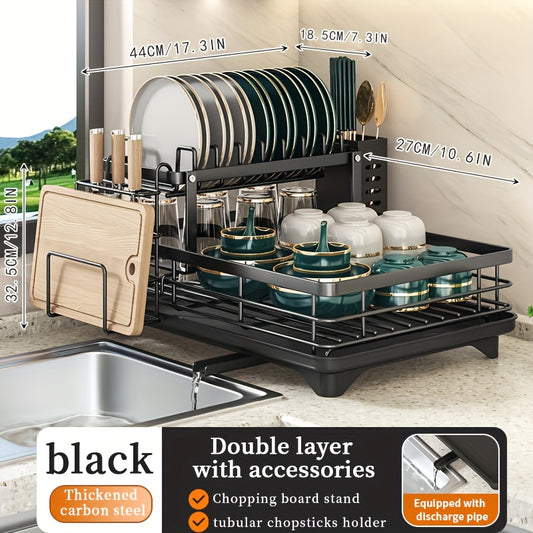 2-Tier Dish Drying Rack Metal with Cutlery Holder, Cup Holder & Rust-Proof Drip Tray – Space Saving Countertop Dish Rack for Kitchen Organization, Black & Dark Gray