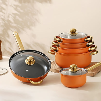 Stainless Steel Cookware Set 12-Piece 304 Non-Stick Induction Compatible Pots & Pans with Lids and Dual Handles for Soup, Hot Pot, Pasta, Seafood & Rice – Orange or Natural