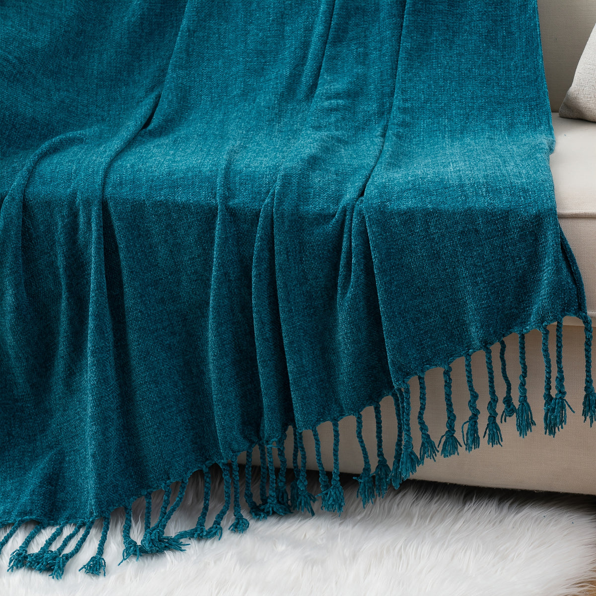 Boho Chenille Throw Blanket with Fringe 50x60 Inch – Soft Velvety Decorative Fringe Throw for Sofa Couch Bed Living Room Home Decor 17 Colors Cozy Gift for Women