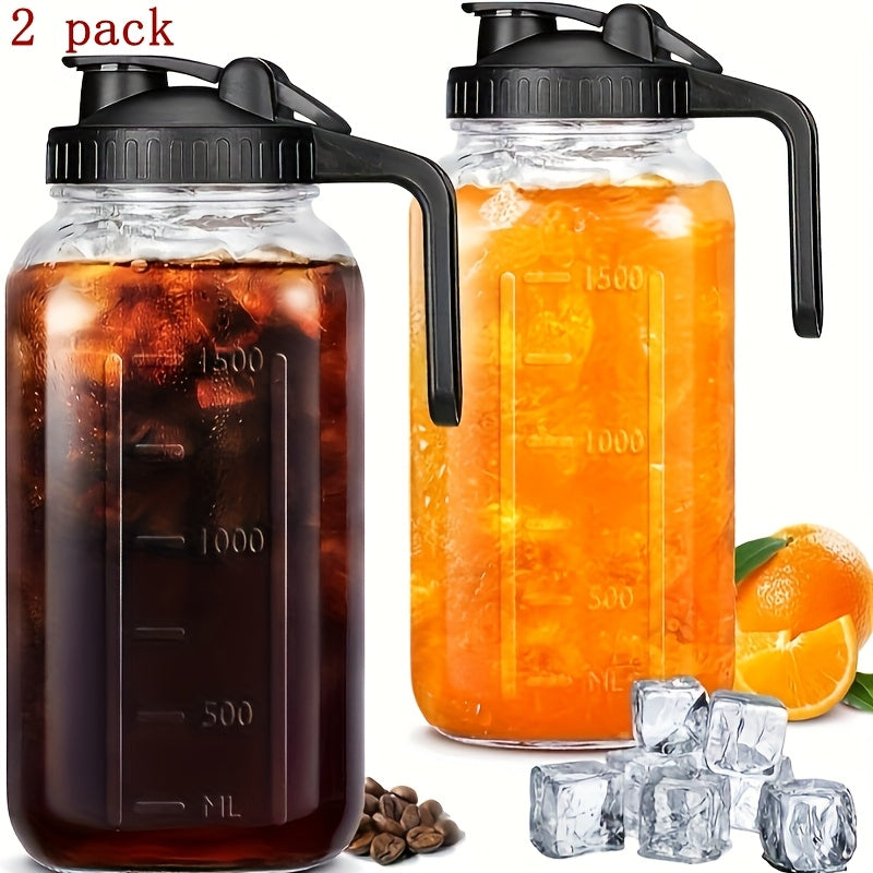 Mason Jar with Handle and Lid 64oz, 2/3 Pack BPA-Free Borosilicate Glass Jar with Lid, Leak-Proof Wide Mouth Beverage Carafe for Water Juice Smoothie, Sports Outdoor Kitchen Gift, Pink Black Blue
