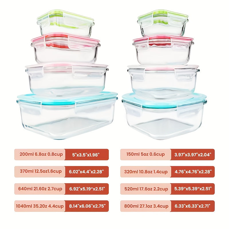 Glass Food Storage Containers Set 16 Piece – Airtight Borosilicate Glass Meal Prep Containers with Lids, Microwave Oven Safe, Lunch Box for Salads Fruits Vegetables, Gray Green Blue Colorful