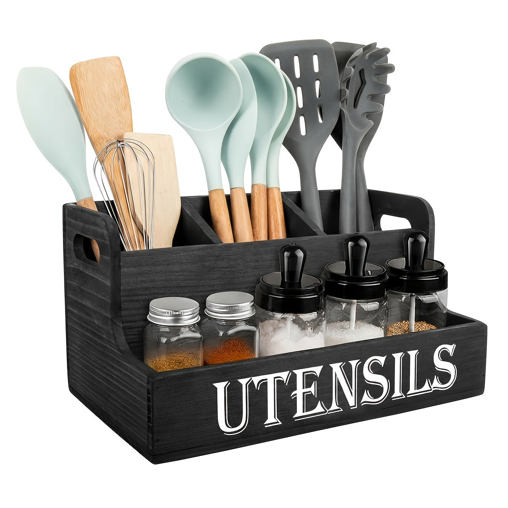 Extra Large Kitchen Utensil Organizer 4 Compartments Wooden Countertop Utensil Holder - Farmhouse Rustic Kitchen Storage for Cooking Utensils Spatulas Spoons - White Black