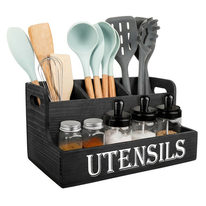 Extra Large Kitchen Utensil Organizer 4 Compartments Wooden Countertop Utensil Holder - Farmhouse Rustic Kitchen Storage for Cooking Utensils Spatulas Spoons - White Black
