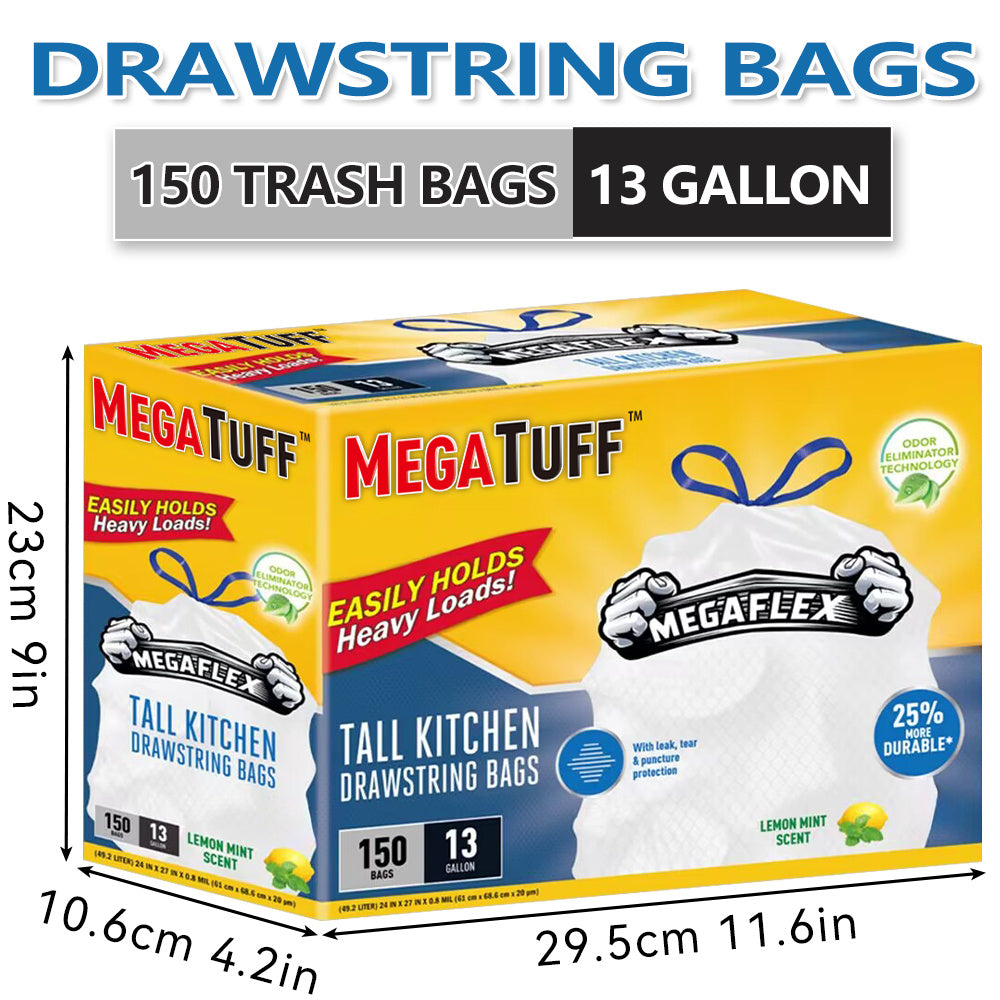 13 Gallon Trash Bags Drawstring – 150 Count Odor Eliminating Kitchen Garbage Bags, Puncture Resistant, Lemon Mint Scent, 3 Rolls, Fits 13 Gallon Bins