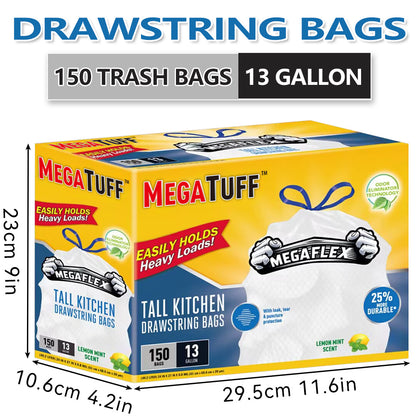 13 Gallon Trash Bags Drawstring – 150 Count Odor Eliminating Kitchen Garbage Bags, Puncture Resistant, Lemon Mint Scent, 3 Rolls, Fits 13 Gallon Bins