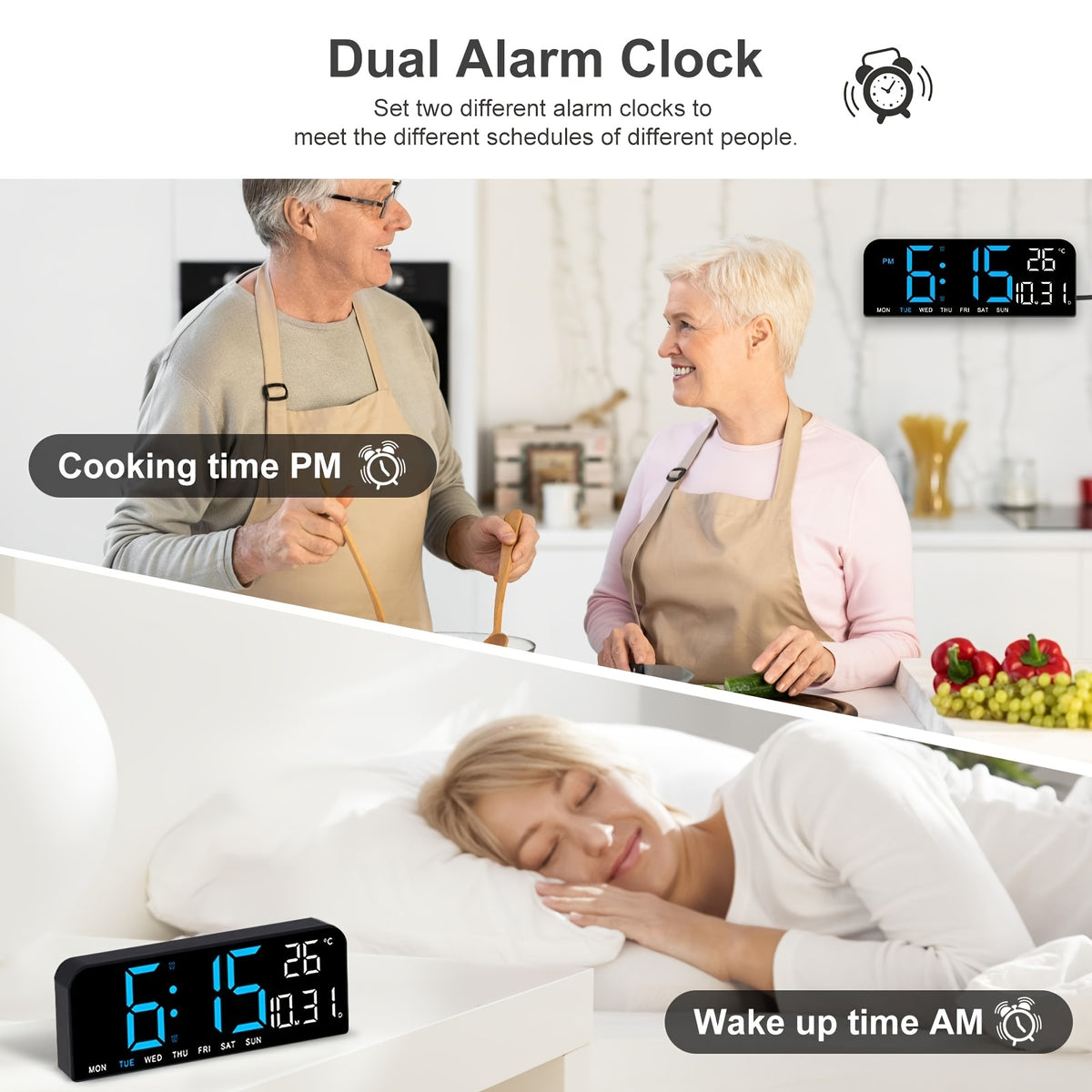 Large Screen LED Alarm Clock with Temperature Humidity Display – 15 Inch Luminous Digital Clock, Week Timer Remote Control, Auto-Dimming, for Bedroom Living Room Office Seniors