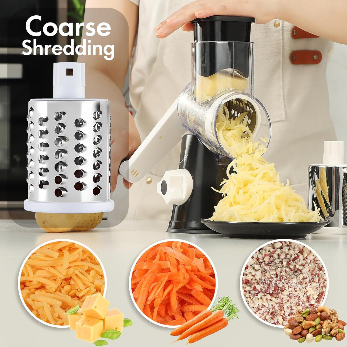 Suction Base Rotary Cheese Grater Hand Crank 3 Stainless Steel Blades BPA Free Touch-Free Shredder for Cheese Vegetables Nuts with Cleaning Brush Multi Color