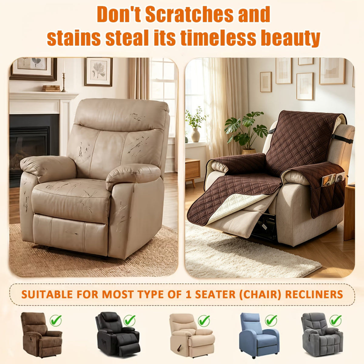 Waterproof Recliner Cover with Side Pockets – Non-Slip Quilted Recliner Slipcover, Scratch-Resistant & Machine Washable, Pet & Kid Friendly Furniture Protector