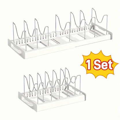 Under Cabinet Pots and Pans Organizer Rack with Adjustable Dividers – Expandable Bakeware & Lid Storage Shelf for Kitchen Cabinet, Space-Saving Cookware Holder, White