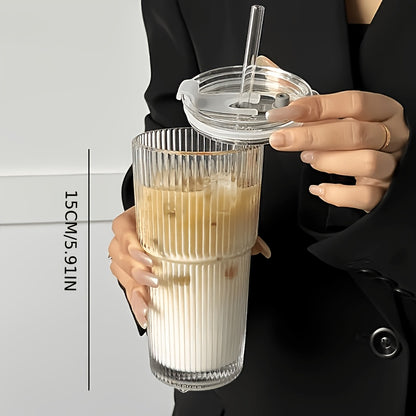 Vintage Striped Drinking Glasses with Glass Straws 19oz Borosilicate - Iced Coffee Cups Juice Glasses for Family Party - Thickened High Borosilicate Glass Tumbler Set of 2 or 4