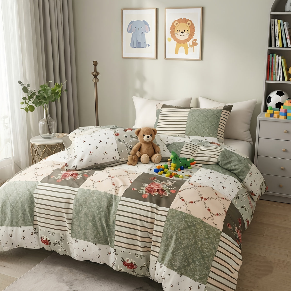 Floral Print Duvet Cover Set 3-Piece Kids Bedding with Zipper Closure, Patchwork Pastoral Style Comforter Cover + 2 Pillowcases, All-Season Lightweight, Twin Full Queen King – No Insert