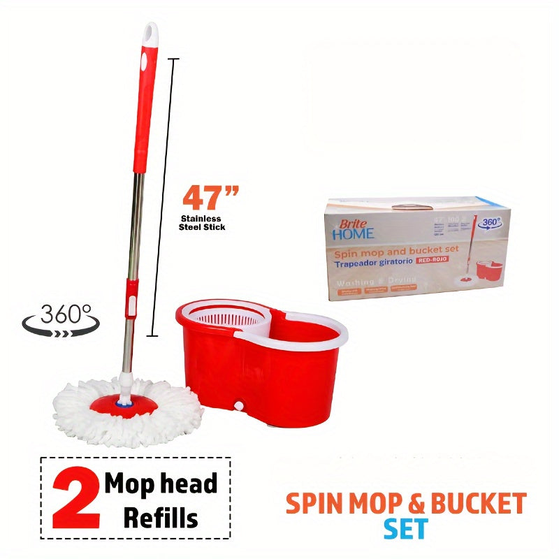 360° Spin Mop and Bucket Set – Wet & Dust Floor Mop for Home with 2 Mop Heads Included Self-Wringing Spinning Mop for Hardwood Tile Laminate & Vinyl Floor Cleaning in Blue or Red