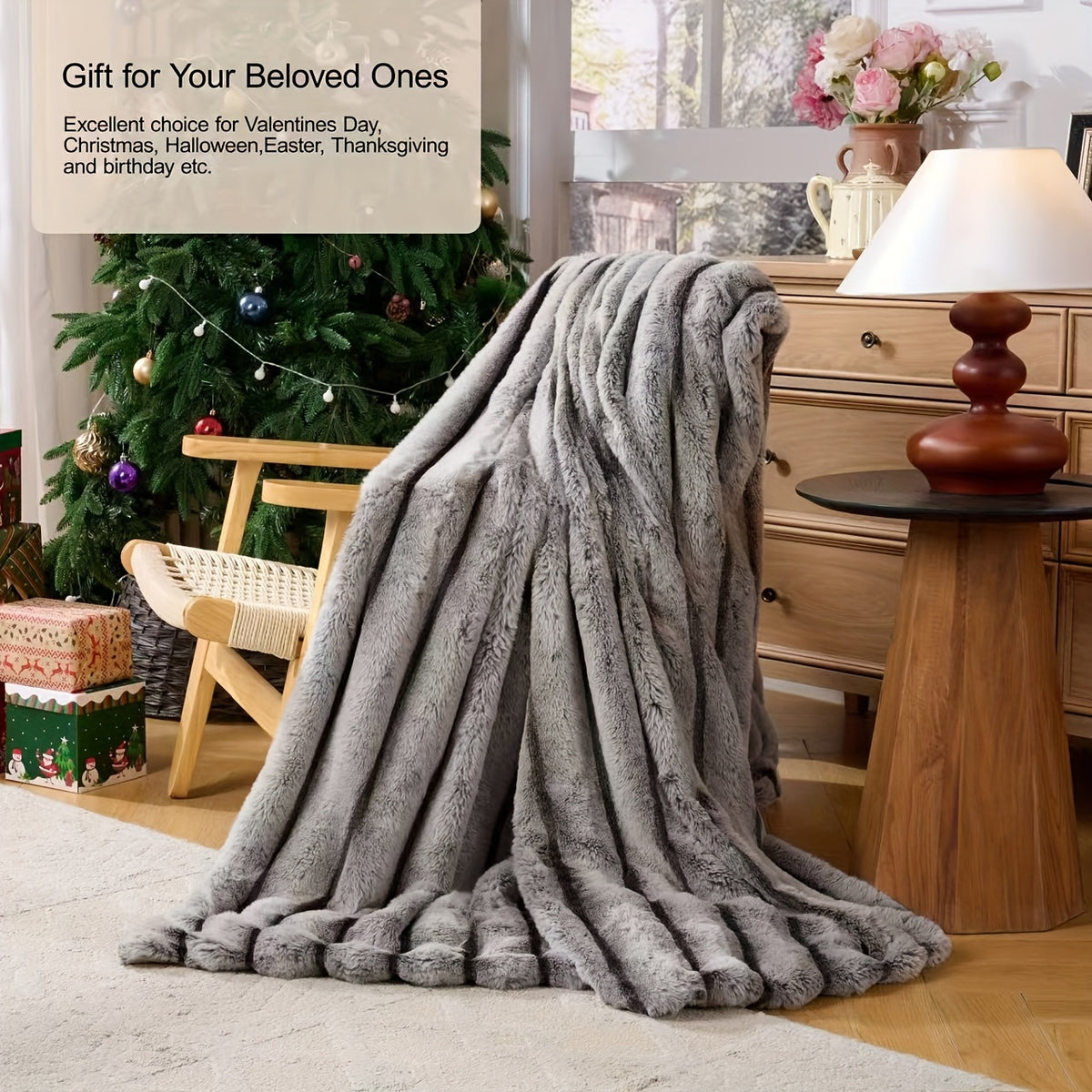 Faux Rabbit Fleece Blanket, Double Layer Thickened Soft Warm Throw – All Season Reversible Blanket for Adults, Couch, Bed & Travel, Machine Washable, Throw / Twin XL / Queen / King, Grey Khaki Beige