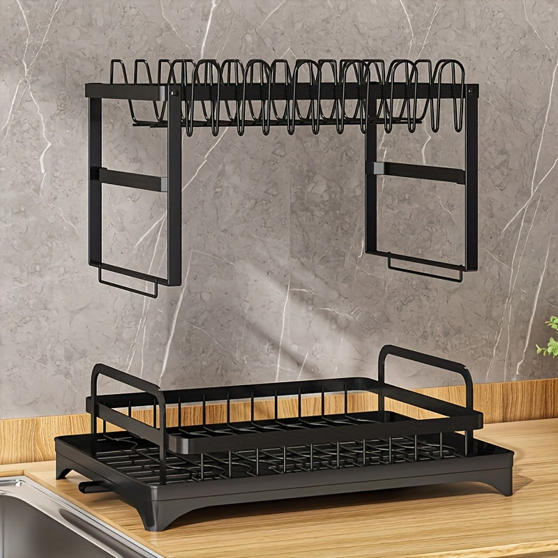 Kitchen Countertop Dish Drainer Rack 2 Tier Stainless Steel - Gold Dish Drying Rack with Knife Block, Cup Holder & Cutlery Caddy - Rust Proof Kitchen Organizer for Plates, Bowls & Utensils - Housewarming Gift