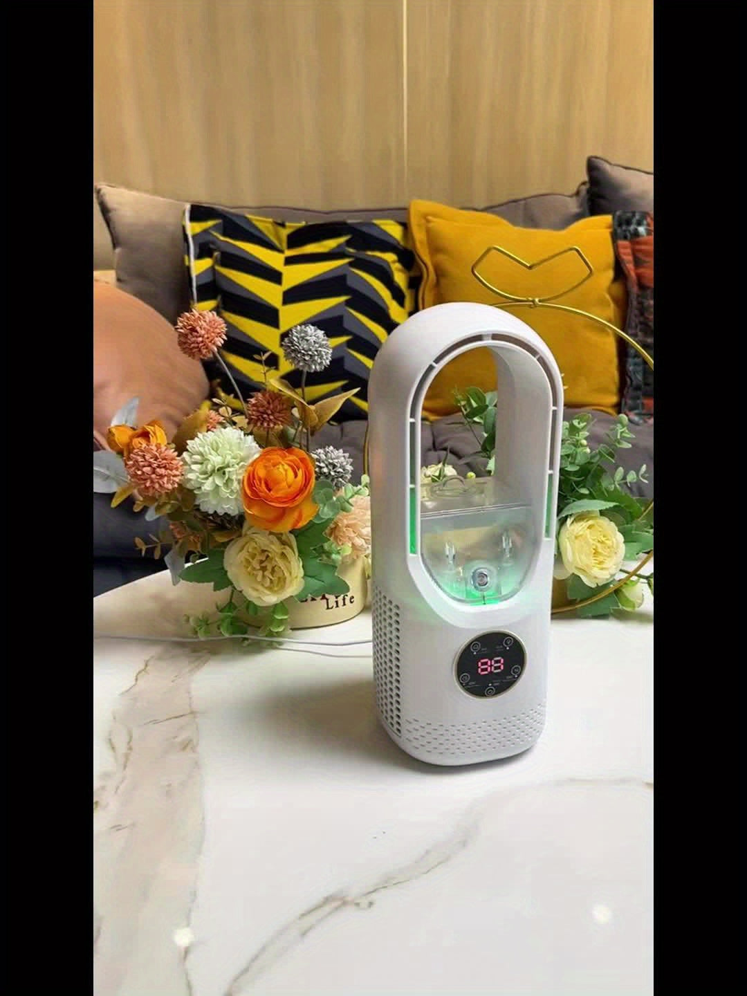Desktop Bladeless Fan USB Powered – Water Mist Cooling Tower Fan with Remote Control, Touch Screen, 7-Color LED Light, Timer & Auto Shutdown, Portable for Office Home Travel Camping, Blue or White