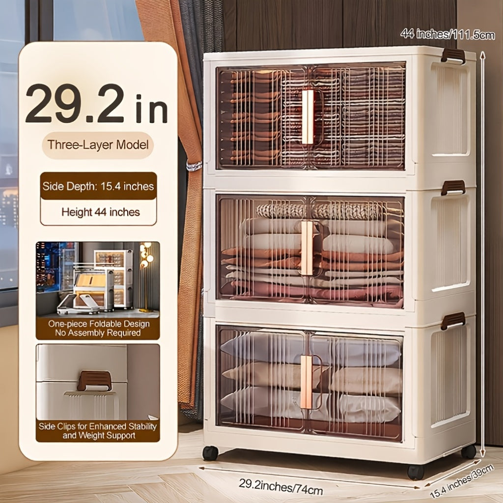 Folding Storage Cabinet with Wheels & Lids – 3/4/5-Tier Extra Large Stackable Plastic Storage Bins Organizer, Translucent Magnetic Doors, for Home, Office, Kitchen, Bathroom, Garage