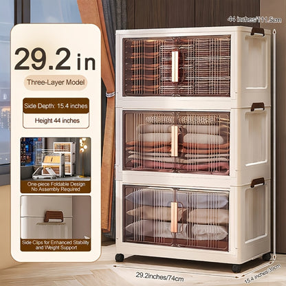 Folding Storage Cabinet with Wheels & Lids – 3/4/5-Tier Extra Large Stackable Plastic Storage Bins Organizer, Translucent Magnetic Doors, for Home, Office, Kitchen, Bathroom, Garage
