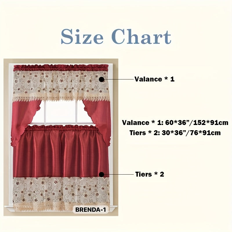Kitchen Curtains Set 3 Piece with Embroidery – Satin Fabric Valance and Tier Curtains for Kitchen Windows, 49 Colors, Light Filtering, Rod Pocket, Machine Washable