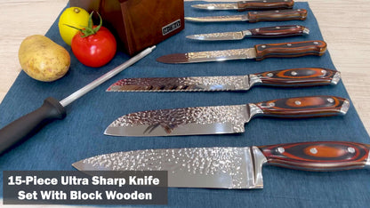 Knife Block Set with Self Sharpener 15pcs Hammered Stainless Steel Chef Knife Set with Wooden Block Steak Knives Self Sharpening Kitchen Knives Gift for Men Family