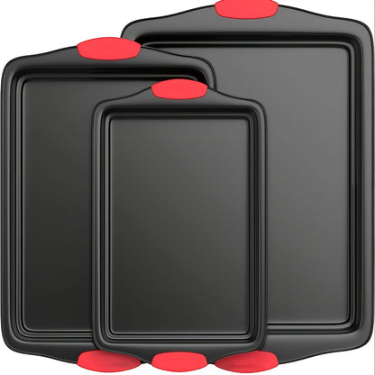 Nonstick Baking Pan Set 3 or 9 Piece – Carbon Steel Sheet Pans Oven Safe with Red Silicone Handles for Home Baking