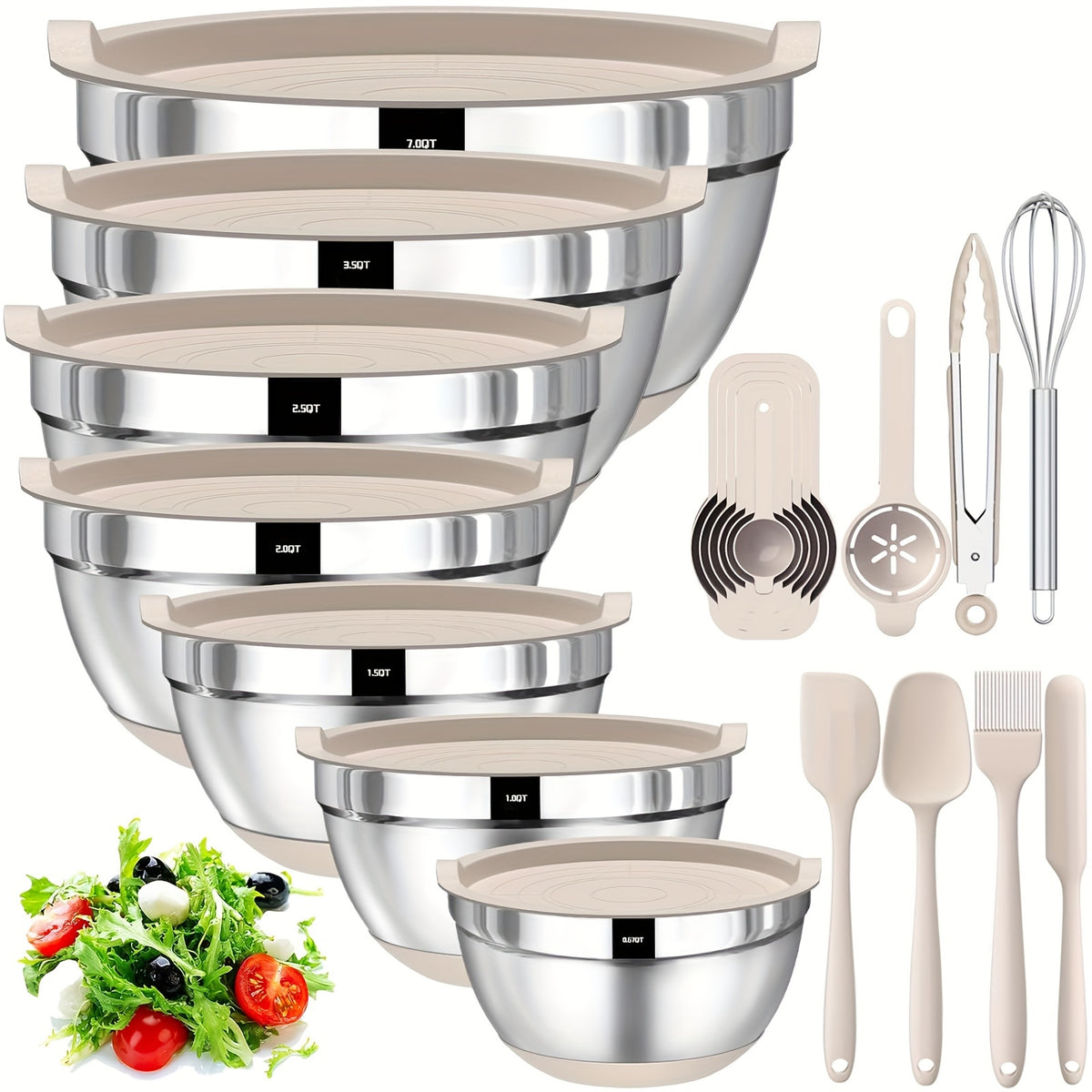 Mixing Bowls Set 20 Piece Stainless Steel with Airtight Lids & Non-Slip Silicone Bottom - 7 Sizes 0.67QT to 7QT for Baking Cooking Serving, Dishwasher Safe, Multicolored Black Gray Khaki