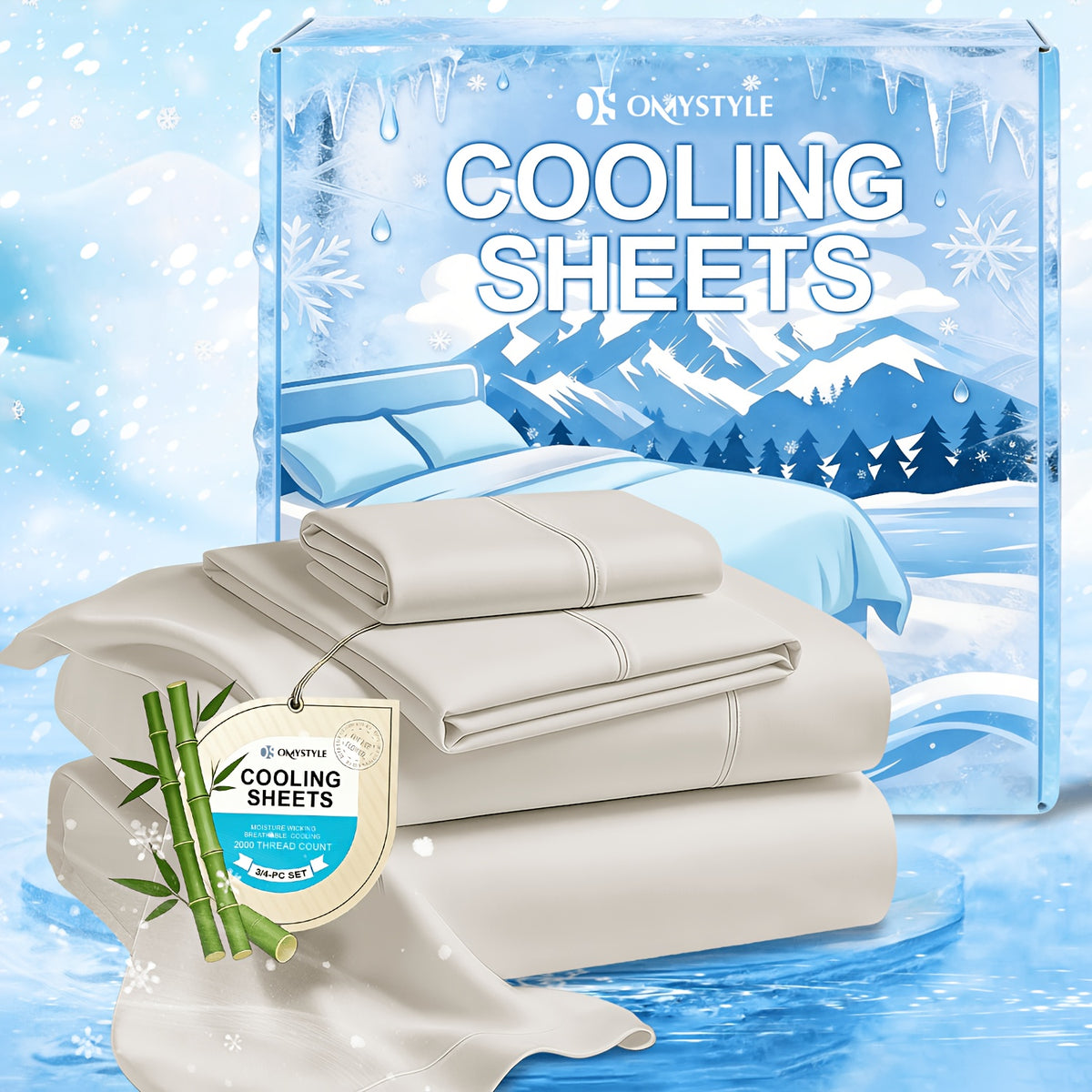 Ice-Cooling Bamboo Sheets Set Deep Pocket - Ultra Soft Breathable Skin-Friendly Fitted Sheet Flat Sheet & Pillowcases, Wrinkle-Free, All Season, Kids & Hot Sleepers, Twin Full Queen King