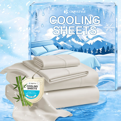 Ice-Cooling Bamboo Sheets Set Deep Pocket - Ultra Soft Breathable Skin-Friendly Fitted Sheet Flat Sheet & Pillowcases, Wrinkle-Free, All Season, Kids & Hot Sleepers, Twin Full Queen King