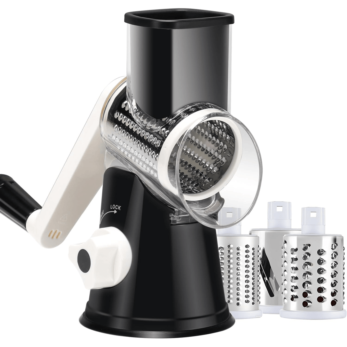Suction Base Rotary Cheese Grater Hand Crank 3 Stainless Steel Blades BPA Free Touch-Free Shredder for Cheese Vegetables Nuts with Cleaning Brush Multi Color