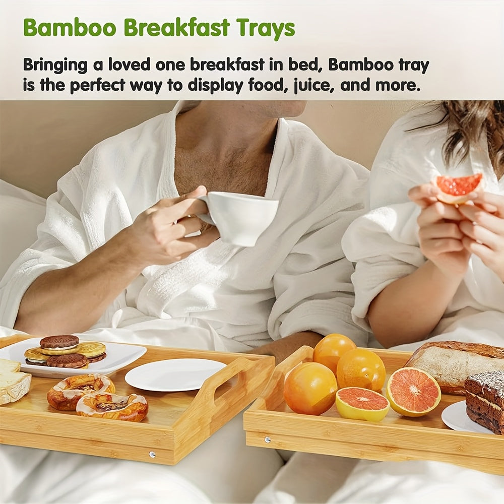 Bamboo Breakfast Tray with Folding Legs & Handles 2 Pack, Extra Wide Foldable Bed Tray Table for Eating Working Drawing, Portable Lap Desk for Sofa Bed Couch, Natural Bamboo with 10 Paper Plates