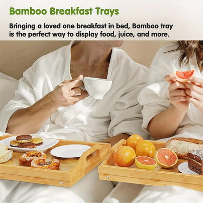 Bamboo Breakfast Tray with Folding Legs & Handles 2 Pack, Extra Wide Foldable Bed Tray Table for Eating Working Drawing, Portable Lap Desk for Sofa Bed Couch, Natural Bamboo with 10 Paper Plates