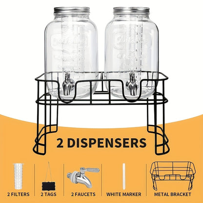 1 Gallon Glass Beverage Dispenser Set with Stand & Stainless Steel Spigot – Leak-Proof Lemonade Dispenser with Ice Tube, 2-Pack for Parties, Kitchen, Camping, Halloween & Christmas