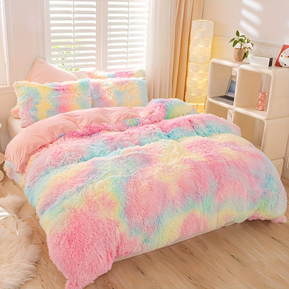 Plush Duvet Cover Set 3-Piece – Soft Fuzzy Comforter Cover with 2 Pillowcases, Cozy Warm Bedding for Bedroom & Dorm, Twin Full Queen King, 14 Colors including Solid & Tie Dye