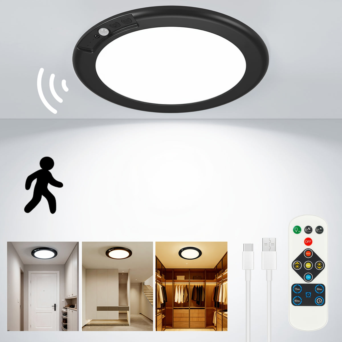 Rechargeable LED Ceiling Light with Motion Sensor & Remote Control – Battery Operated, 3 Color Temps (3000K/4500K/6500K), 10 Brightness Levels, Dimmable Closet Light for Bathroom, Hallway, Pantry & Porch – White, Black & Gold