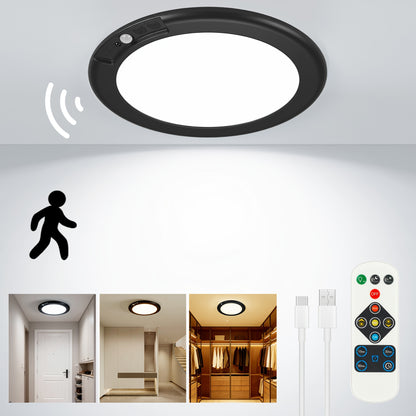 Rechargeable LED Ceiling Light with Motion Sensor & Remote Control – Battery Operated, 3 Color Temps (3000K/4500K/6500K), 10 Brightness Levels, Dimmable Closet Light for Bathroom, Hallway, Pantry & Porch – White, Black & Gold