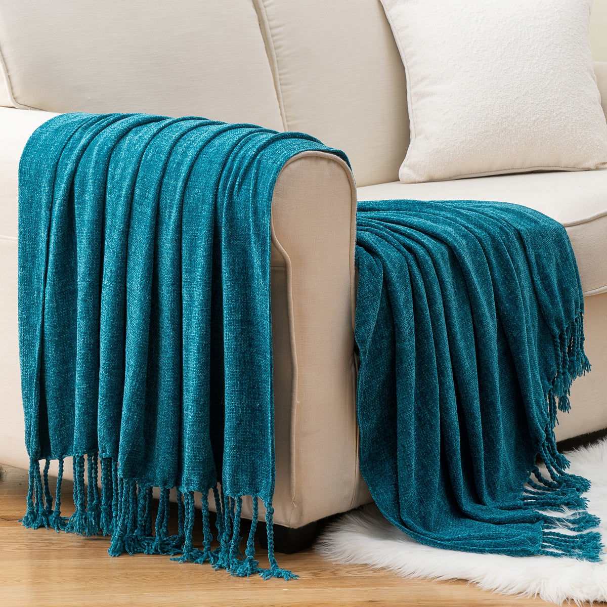 Boho Chenille Throw Blanket with Fringe 50x60 Inch – Soft Velvety Decorative Fringe Throw for Sofa Couch Bed Living Room Home Decor 17 Colors Cozy Gift for Women