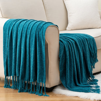 Boho Chenille Throw Blanket with Fringe 50x60 Inch – Soft Velvety Decorative Fringe Throw for Sofa Couch Bed Living Room Home Decor 17 Colors Cozy Gift for Women
