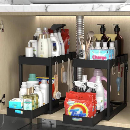 Under Sink Organizer 2 Pack – Double Tier Sliding Storage Basket with 8 Hooks, Adjustable Cabinet Organizer for Kitchen Bathroom Under Sink Storage, Moonlight White Matt Black Light Gray