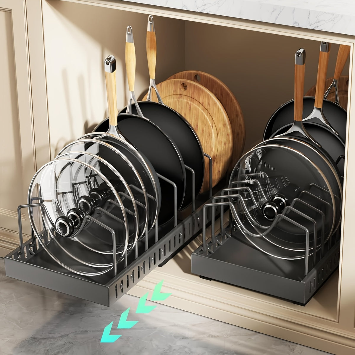 Sliding Pot and Pan Organizer Rack with Pull-Out Drawer – Under Cabinet Kitchen Storage for Pot Lids, Baking Trays & Utensils, 8 Adjustable Dividers, Black White Gray