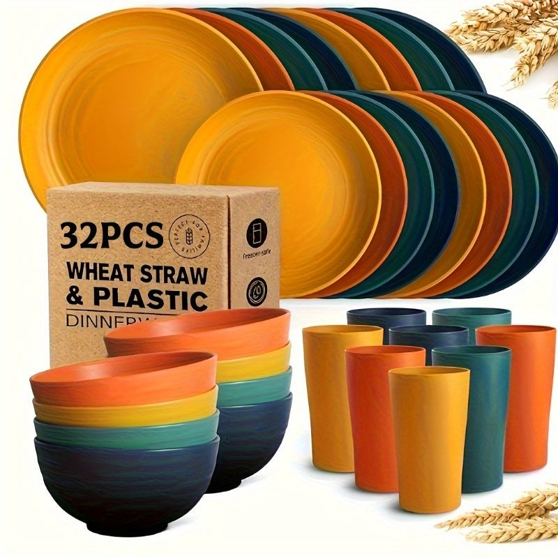 Wheat Straw Dinnerware Set Plates and Bowls 16 or 32 Piece – Microwave & Dishwasher Safe Unbreakable Dish Set for 4 or 8, Lightweight Party Tableware, 7 Colors