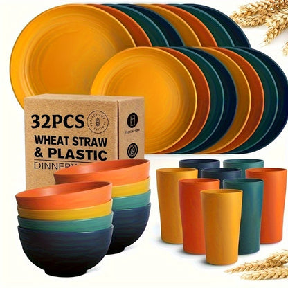 Wheat Straw Dinnerware Set Plates and Bowls 16 or 32 Piece – Microwave & Dishwasher Safe Unbreakable Dish Set for 4 or 8, Lightweight Party Tableware, 7 Colors