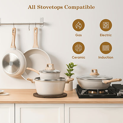Nonstick Cookware Set 12 Piece - Granite Coated Pots and Pans Set with Frying Pans, Casserole, Saucepan & Lids, Heavy-Duty Induction Compatible Complete Kitchen Cookware Kit, Black