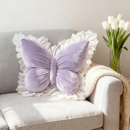 Butterfly Shaped Decorative Pillow with White Lace Trim – 3D Silhouette Velour Throw Cushion for Sofa, Bed & Home Decor, Machine Washable, 5 Colors, Perfect Gift for Women