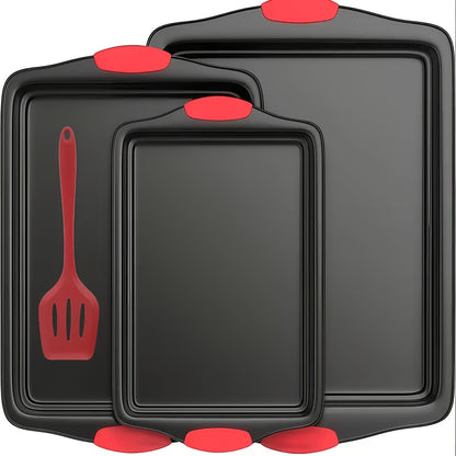 Carbon Steel Non-Stick Baking Pan Set Oven Safe Double-Sided Non-Stick Coating Red Silicone Handle – Commercial Grade Toaster Oven Pan Professional Kitchenware for Baking Roasting Gray